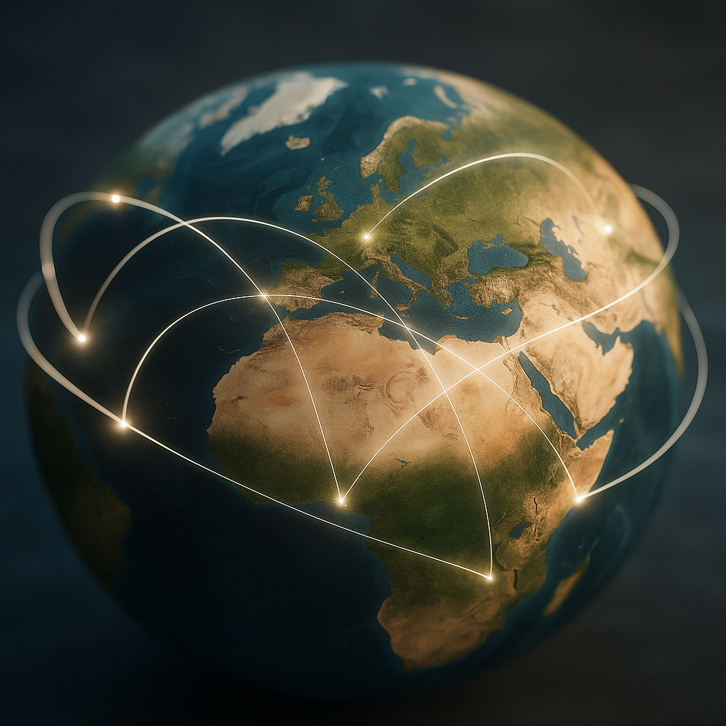 Carte du monde stylisée avec flux de transferts